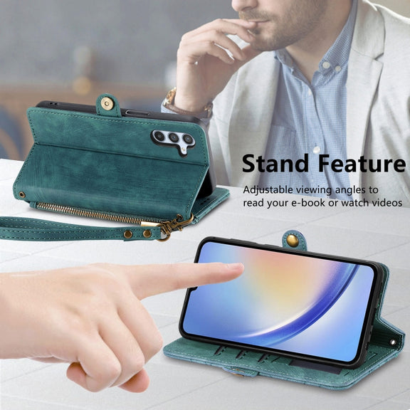 For Samsung Galaxy A41 Geometric Zipper Wallet Side Buckle Leather Phone Case(Green)