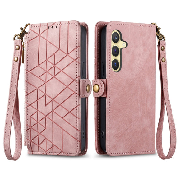 For Samsung Galaxy S25 5G Geometric Zipper Wallet Side Buckle Leather Phone Case(Pink)