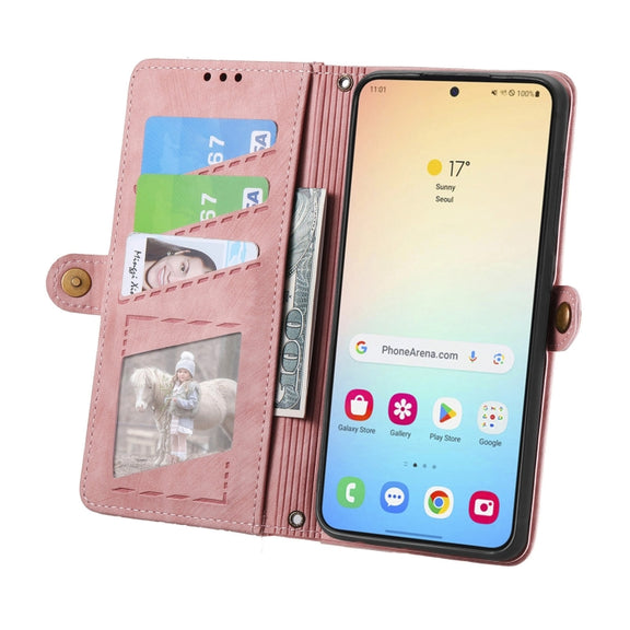 For Samsung Galaxy S25 5G Geometric Zipper Wallet Side Buckle Leather Phone Case(Pink)