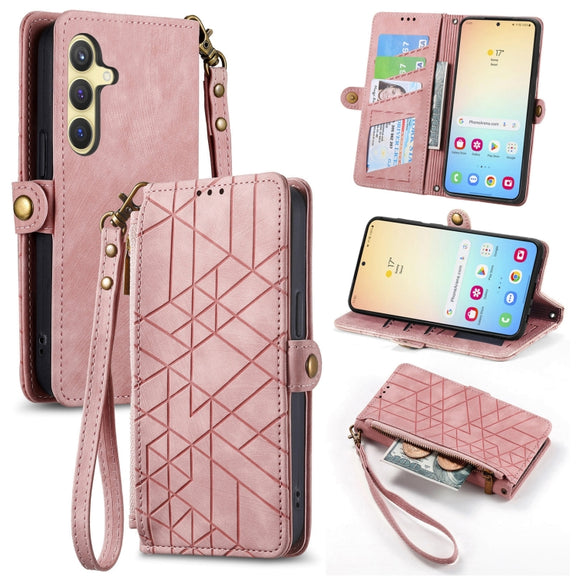 For Samsung Galaxy S25 5G Geometric Zipper Wallet Side Buckle Leather Phone Case(Pink)