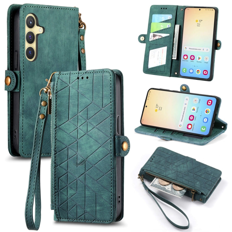 For Samsung Galaxy S25 5G Geometric Zipper Wallet Side Buckle Leather Phone Case(Green)