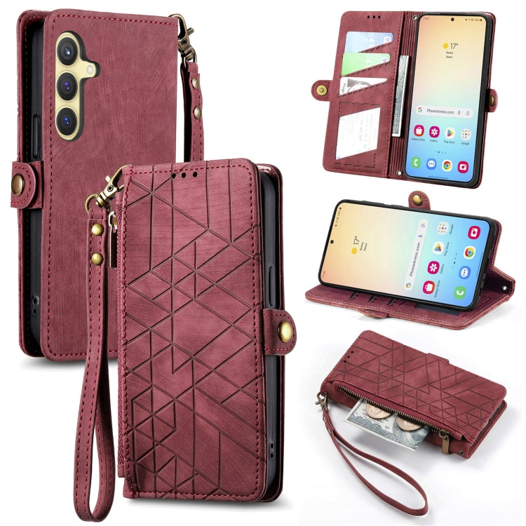 For Samsung Galaxy S25 5G Geometric Zipper Wallet Side Buckle Leather Phone Case(Red)