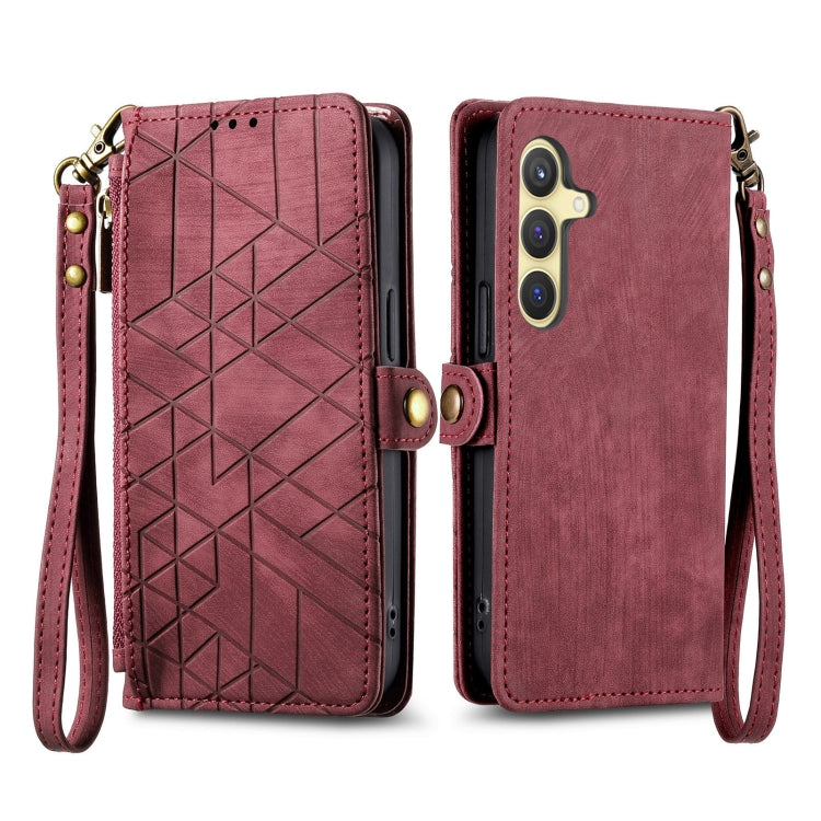 For Samsung Galaxy S25 5G Geometric Zipper Wallet Side Buckle Leather Phone Case(Red)
