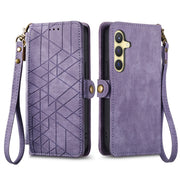 For Samsung Galaxy S25 5G Geometric Zipper Wallet Side Buckle Leather Phone Case(Purple)