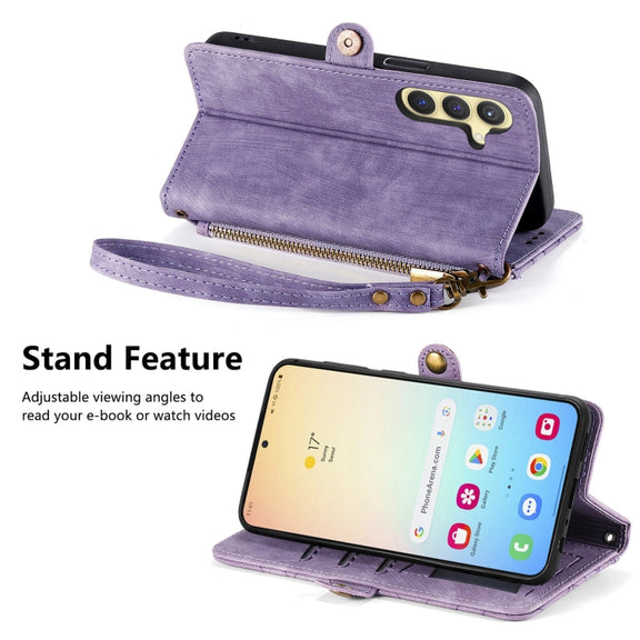 For Samsung Galaxy S25 5G Geometric Zipper Wallet Side Buckle Leather Phone Case(Purple)