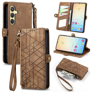 For Samsung Galaxy S25 5G Geometric Zipper Wallet Side Buckle Leather Phone Case(Brown)