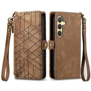 For Samsung Galaxy S25 5G Geometric Zipper Wallet Side Buckle Leather Phone Case(Brown)