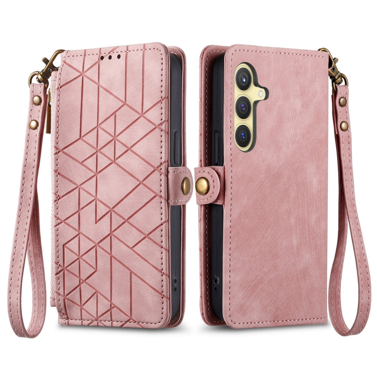 For Samsung Galaxy S25+ 5G Geometric Zipper Wallet Side Buckle Leather Phone Case(Pink)