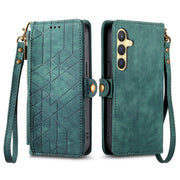 For Samsung Galaxy S25+ 5G Geometric Zipper Wallet Side Buckle Leather Phone Case(Green)