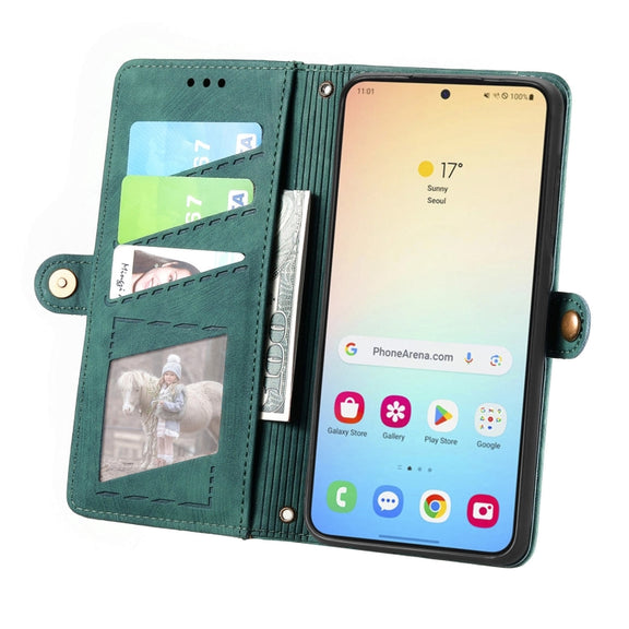 For Samsung Galaxy S25+ 5G Geometric Zipper Wallet Side Buckle Leather Phone Case(Green)