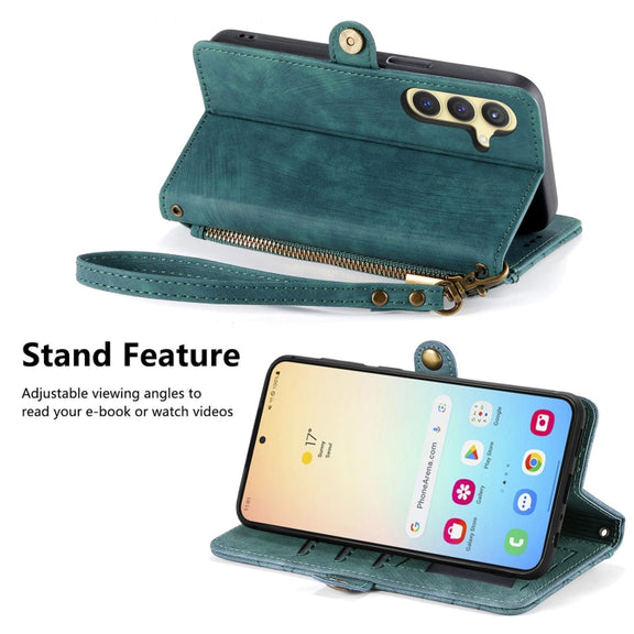 For Samsung Galaxy S25+ 5G Geometric Zipper Wallet Side Buckle Leather Phone Case(Green)