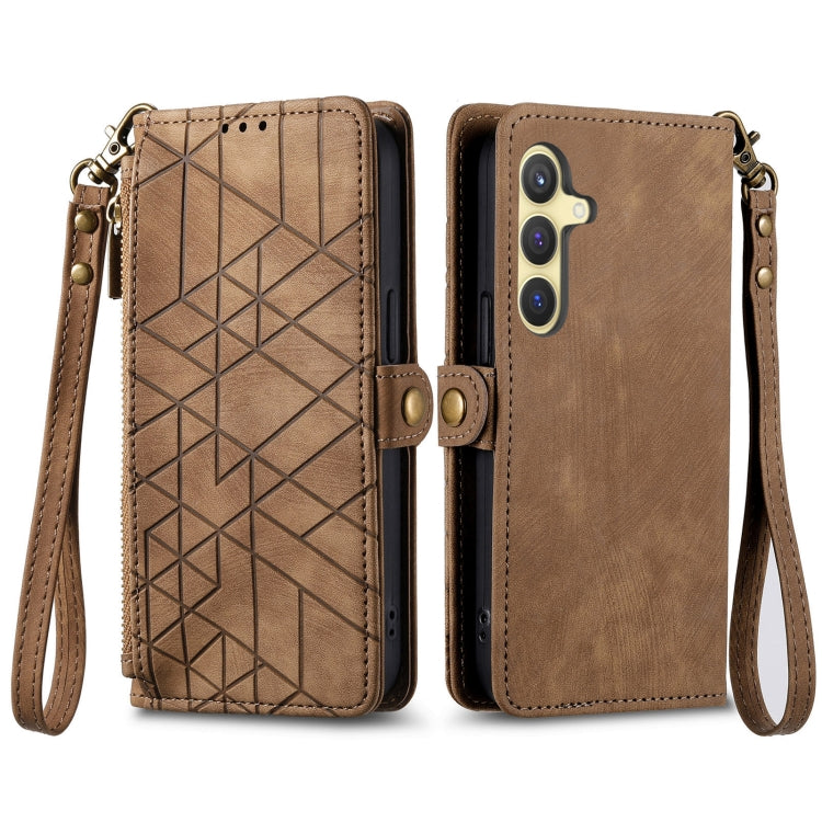 For Samsung Galaxy S25+ 5G Geometric Zipper Wallet Side Buckle Leather Phone Case(Brown)