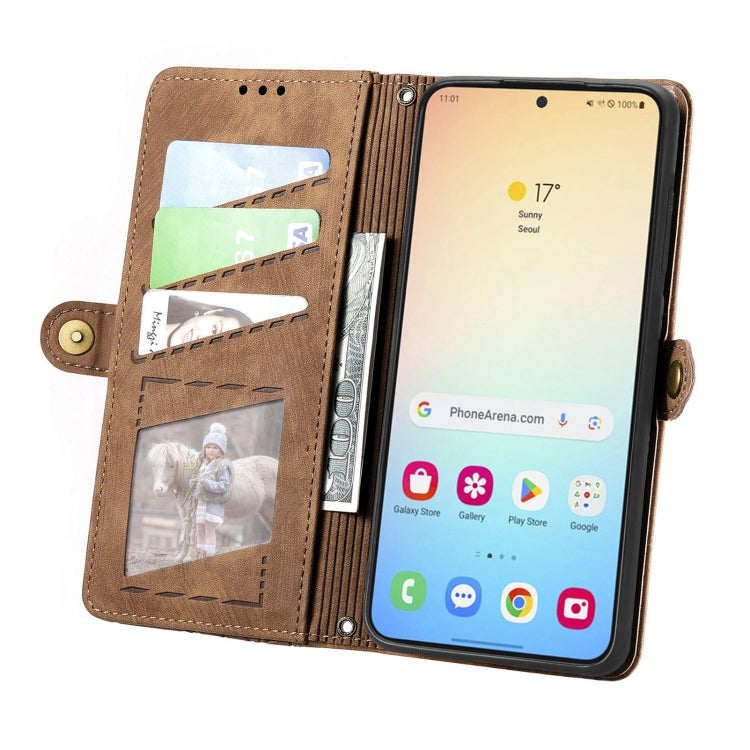 For Samsung Galaxy S25+ 5G Geometric Zipper Wallet Side Buckle Leather Phone Case(Brown)