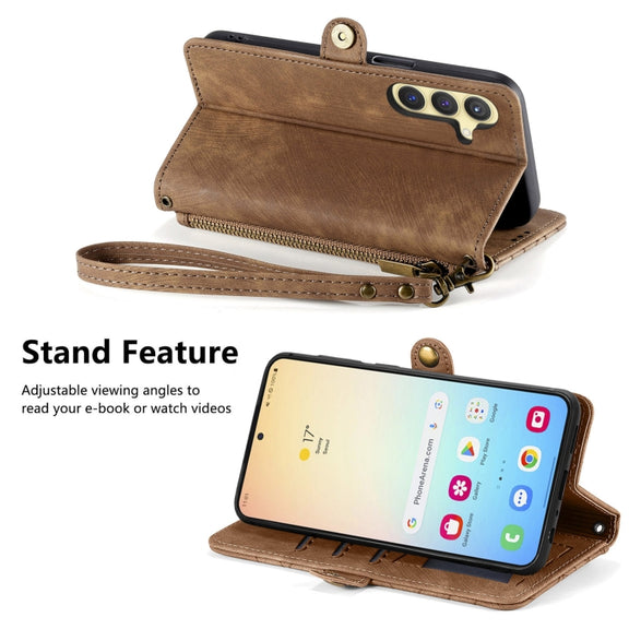 For Samsung Galaxy S25+ 5G Geometric Zipper Wallet Side Buckle Leather Phone Case(Brown)
