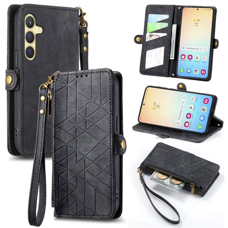 For Samsung Galaxy S25+ 5G Geometric Zipper Wallet Side Buckle Leather Phone Case(Black)