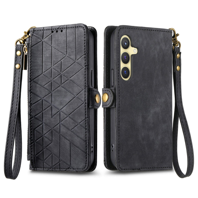 For Samsung Galaxy S25+ 5G Geometric Zipper Wallet Side Buckle Leather Phone Case(Black)