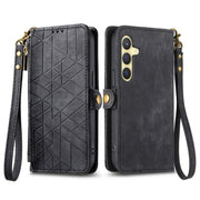 For Samsung Galaxy S25+ 5G Geometric Zipper Wallet Side Buckle Leather Phone Case(Black)