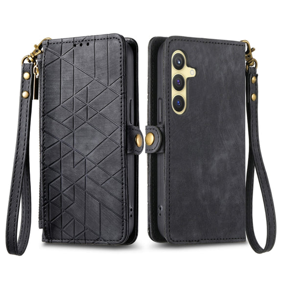 For Samsung Galaxy S25+ 5G Geometric Zipper Wallet Side Buckle Leather Phone Case(Black)