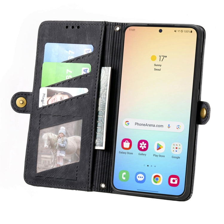 For Samsung Galaxy S25+ 5G Geometric Zipper Wallet Side Buckle Leather Phone Case(Black)