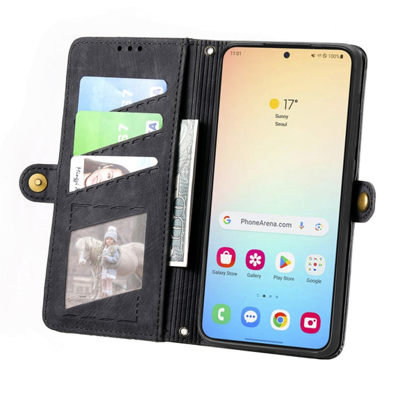 For Samsung Galaxy S25+ 5G Geometric Zipper Wallet Side Buckle Leather Phone Case(Black)
