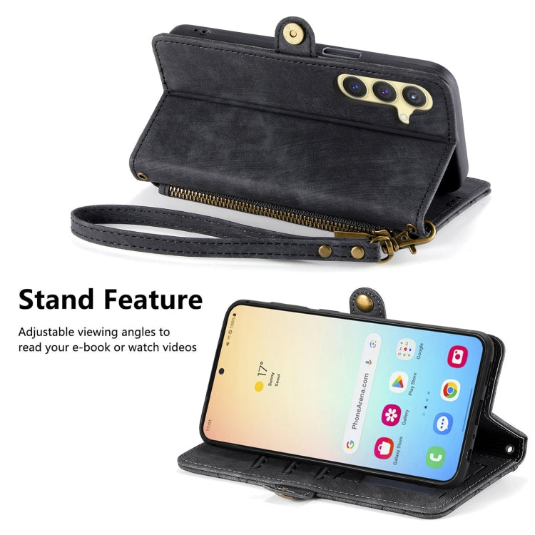 For Samsung Galaxy S25+ 5G Geometric Zipper Wallet Side Buckle Leather Phone Case(Black)