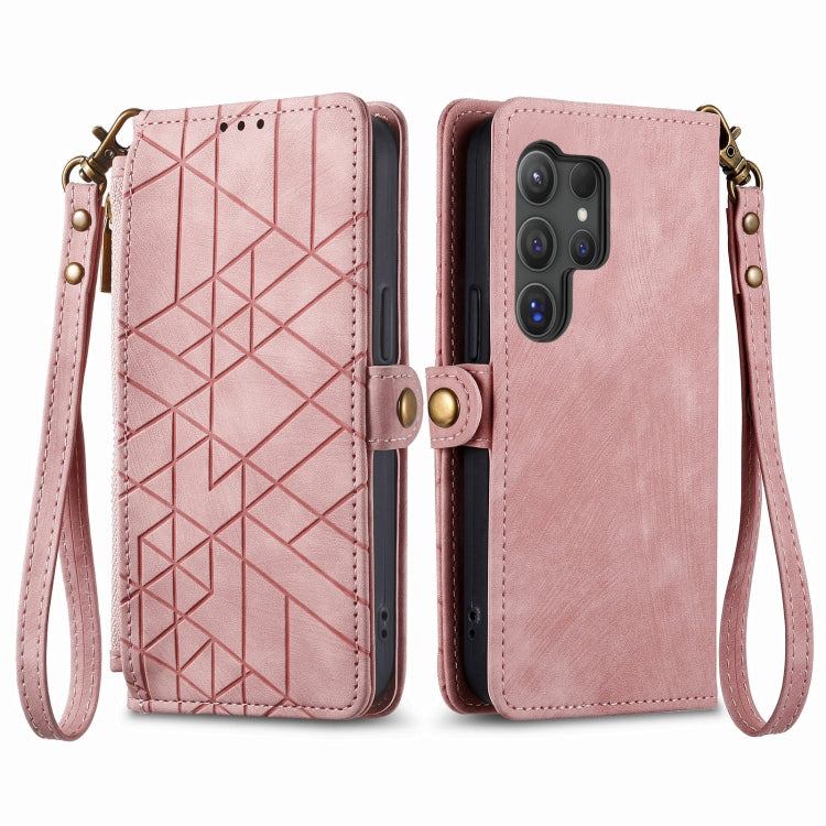 For Samsung Galaxy S25 Ultra 5G Geometric Zipper Wallet Side Buckle Leather Phone Case(Pink)