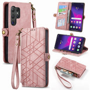 For Samsung Galaxy S25 Ultra 5G Geometric Zipper Wallet Side Buckle Leather Phone Case(Pink)