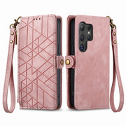 For Samsung Galaxy S25 Ultra 5G Geometric Zipper Wallet Side Buckle Leather Phone Case(Pink)