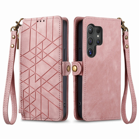 For Samsung Galaxy S25 Ultra 5G Geometric Zipper Wallet Side Buckle Leather Phone Case(Pink)