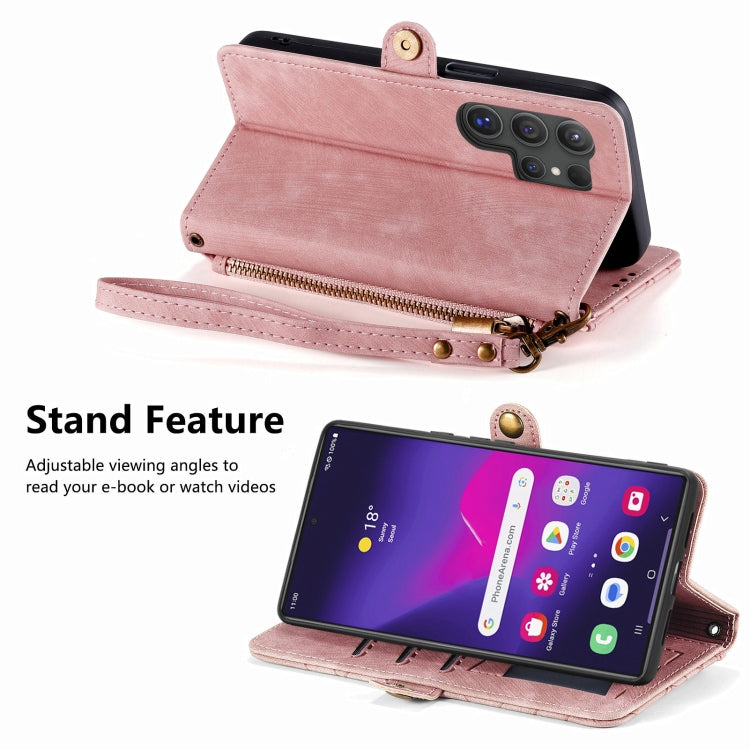 For Samsung Galaxy S25 Ultra 5G Geometric Zipper Wallet Side Buckle Leather Phone Case(Pink)