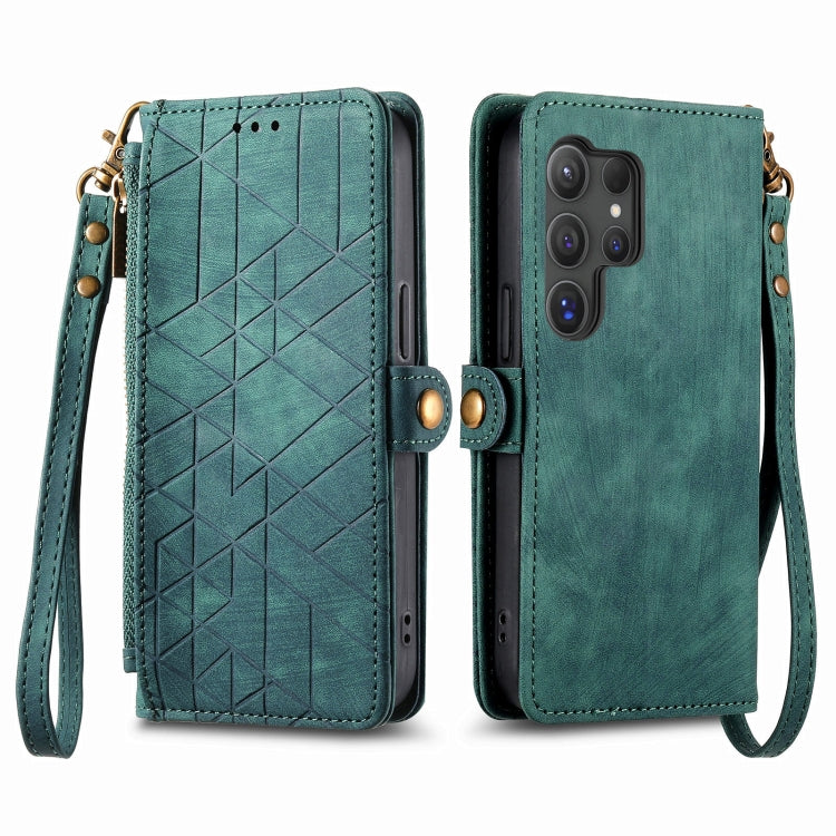 For Samsung Galaxy S25 Ultra 5G Geometric Zipper Wallet Side Buckle Leather Phone Case(Green)