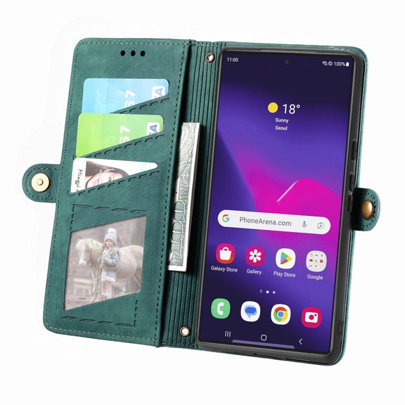 For Samsung Galaxy S25 Ultra 5G Geometric Zipper Wallet Side Buckle Leather Phone Case(Green)