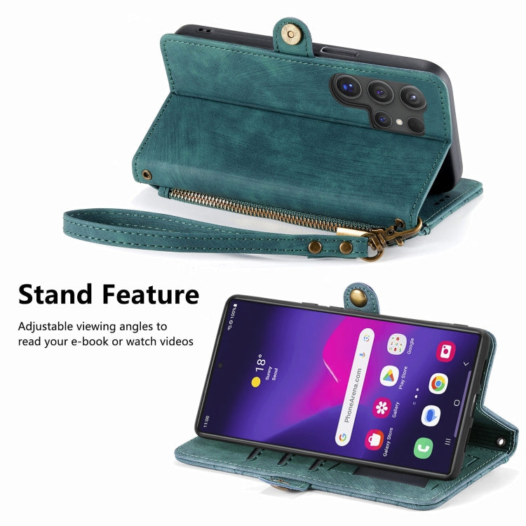 For Samsung Galaxy S25 Ultra 5G Geometric Zipper Wallet Side Buckle Leather Phone Case(Green)