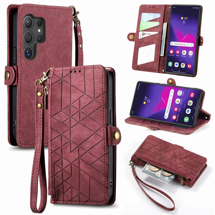For Samsung Galaxy S25 Ultra 5G Geometric Zipper Wallet Side Buckle Leather Phone Case(Red)