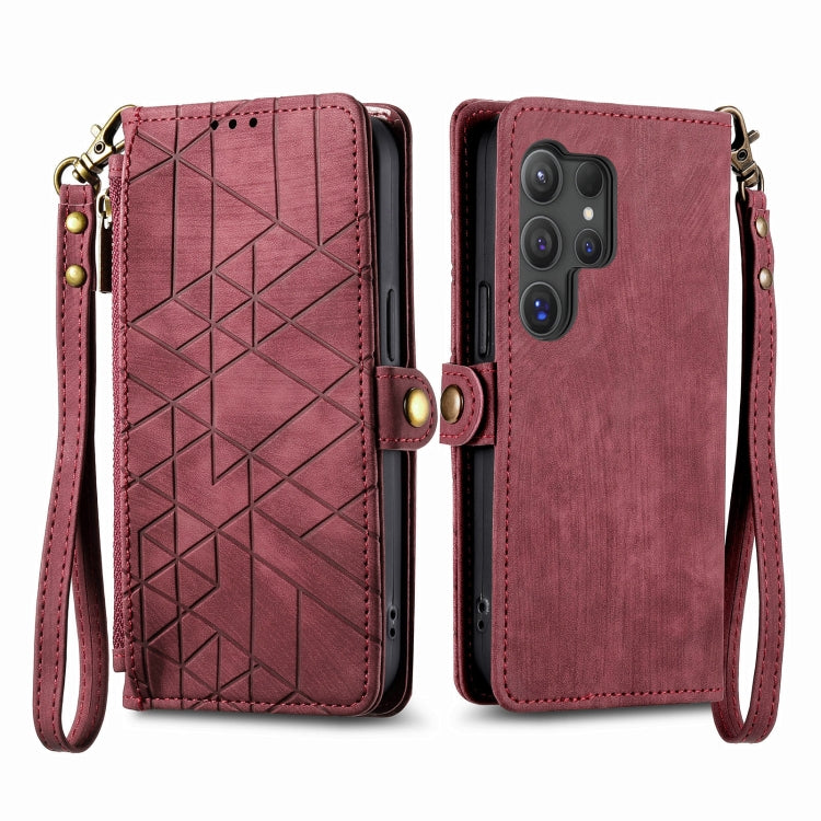For Samsung Galaxy S25 Ultra 5G Geometric Zipper Wallet Side Buckle Leather Phone Case(Red)