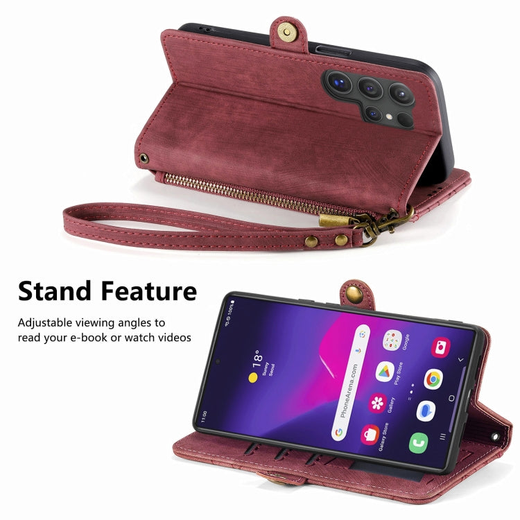 For Samsung Galaxy S25 Ultra 5G Geometric Zipper Wallet Side Buckle Leather Phone Case(Red)