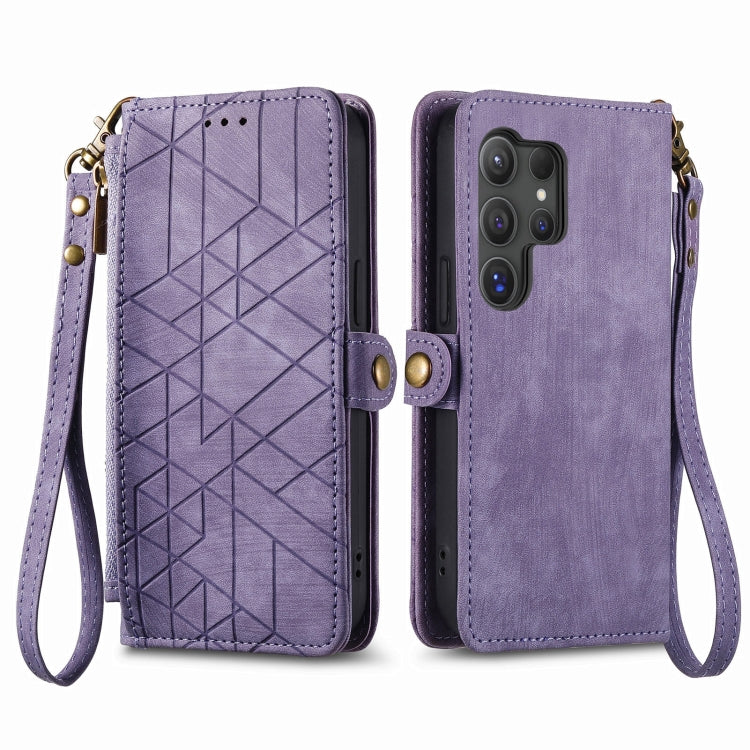 For Samsung Galaxy S25 Ultra 5G Geometric Zipper Wallet Side Buckle Leather Phone Case(Purple)