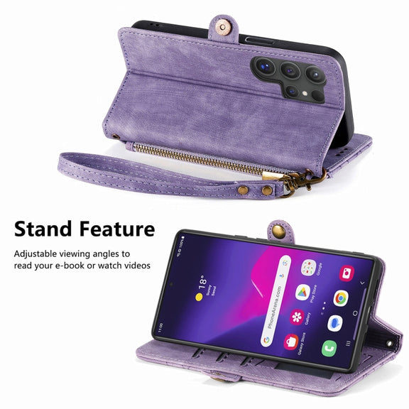 For Samsung Galaxy S25 Ultra 5G Geometric Zipper Wallet Side Buckle Leather Phone Case(Purple)
