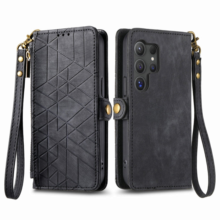 For Samsung Galaxy S25 Ultra 5G Geometric Zipper Wallet Side Buckle Leather Phone Case(Black)