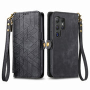 For Samsung Galaxy S25 Ultra 5G Geometric Zipper Wallet Side Buckle Leather Phone Case(Black)