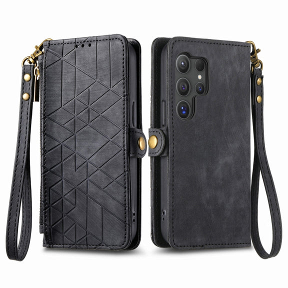 For Samsung Galaxy S25 Ultra 5G Geometric Zipper Wallet Side Buckle Leather Phone Case(Black)