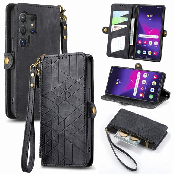 For Samsung Galaxy S25 Ultra 5G Geometric Zipper Wallet Side Buckle Leather Phone Case(Black)