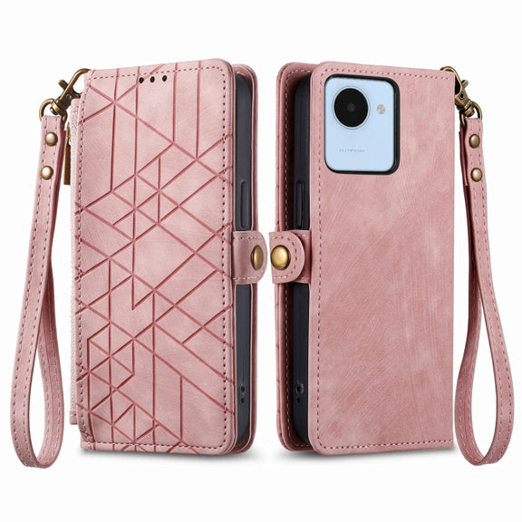 For Realme C53 Geometric Zipper Wallet Side Buckle Leather Phone Case(Pink)
