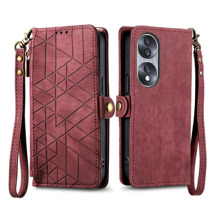 For Honor X8A Geometric Zipper Wallet Side Buckle Leather Phone Case(Red)