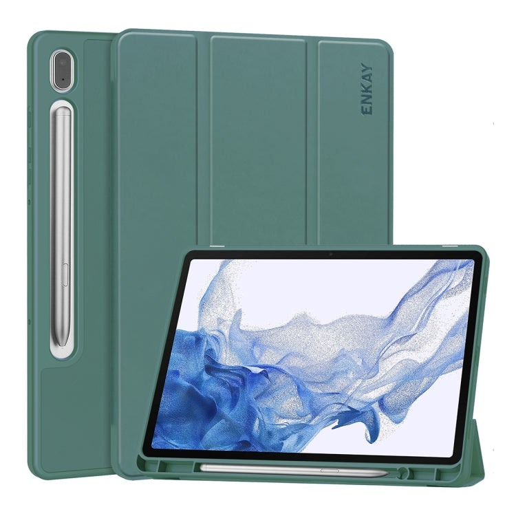 For Samsung Galaxy Tab S9 ENKAY Tri-fold Custer Leather TPU Bottom Smart Case with Pen Slot(Dark Green)