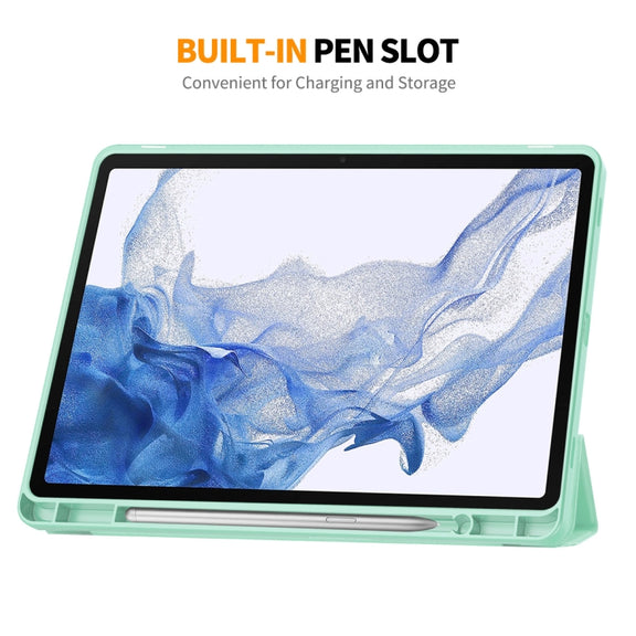 For Samsung Galaxy Tab S9 ENKAY Tri-fold Custer Leather TPU Bottom Smart Case with Pen Slot(Light Blue)