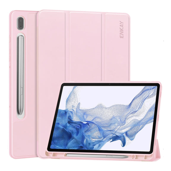 For Samsung Galaxy Tab S9 ENKAY Tri-fold Custer Leather TPU Bottom Smart Case with Pen Slot(Pink)