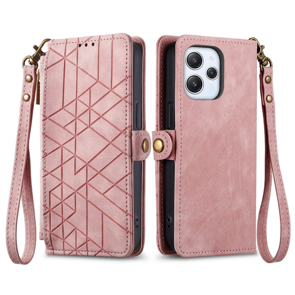 For Xiaomi Redmi 12 Geometric Zipper Wallet Side Buckle Leather Phone Case(Pink)