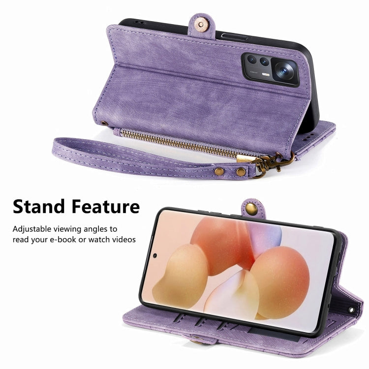 For Xiaomi 13 Geometric Zipper Wallet Side Buckle Leather Phone Case(Purple)