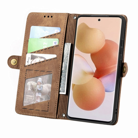 For Xiaomi 13 Pro Geometric Zipper Wallet Side Buckle Leather Phone Case(Brown)